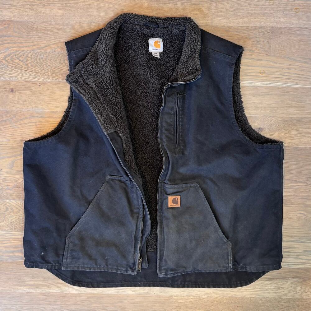 Carhartt Duck Work Vest Sherpa Lined Heavy Canvas Washed Black Mens Size 2XL